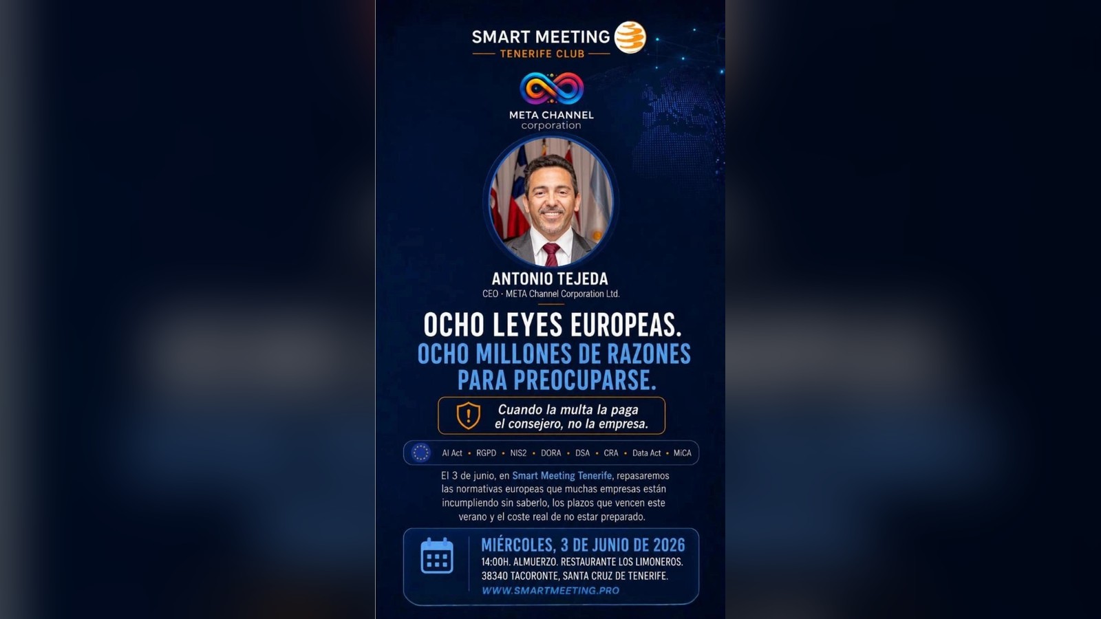 Cartel de la charla de Antonio Tejeda en Smart Meeting Tenerife, 3 de junio de 2026