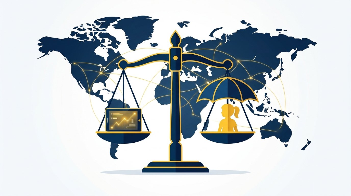 Ilustración de una balanza de la justicia con una pantalla digital y la silueta de un niño protegido, conectada con tres continentes.
