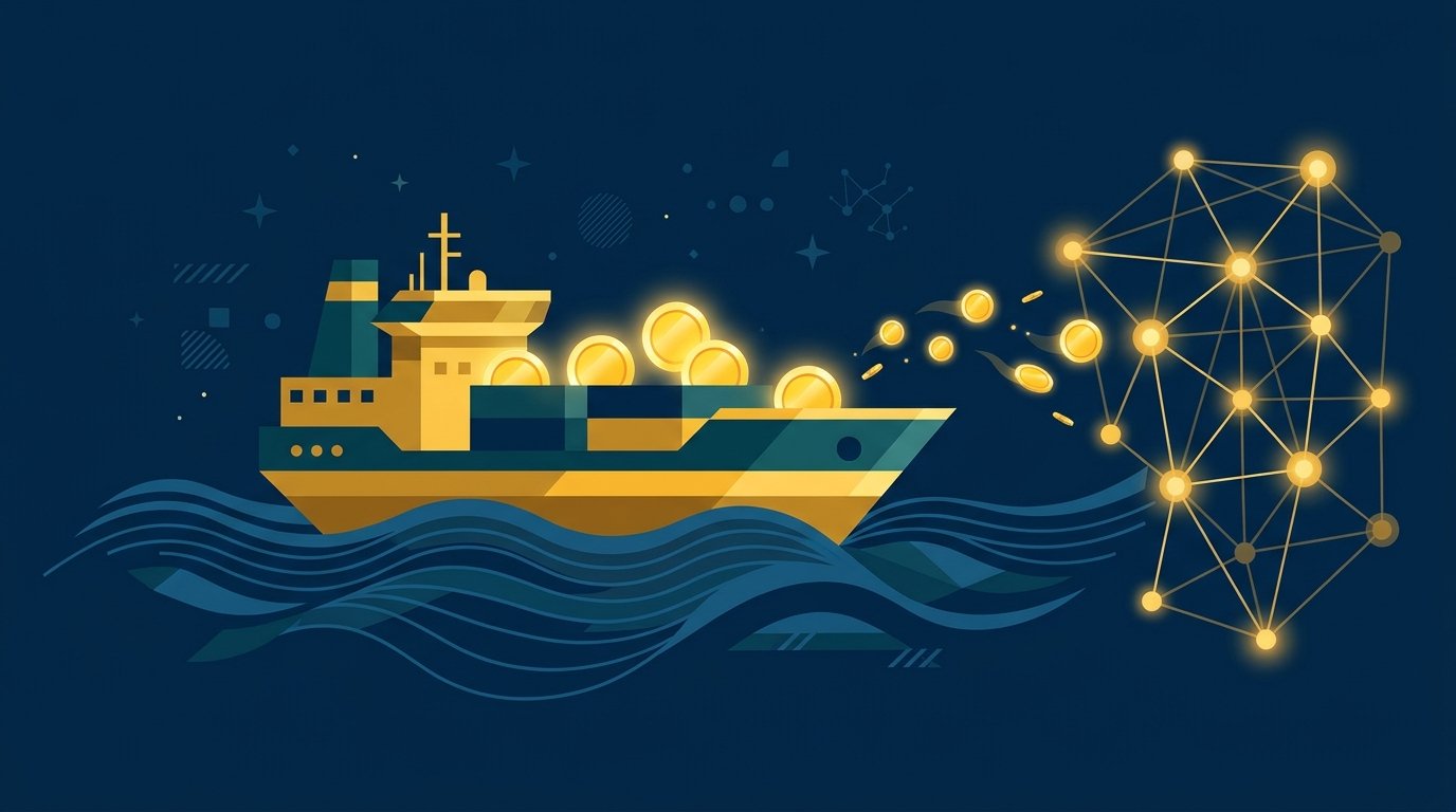 Ilustración de un barco con monedas digitales que cruza el mar hacia una red de nodos, en azul marino y dorado.