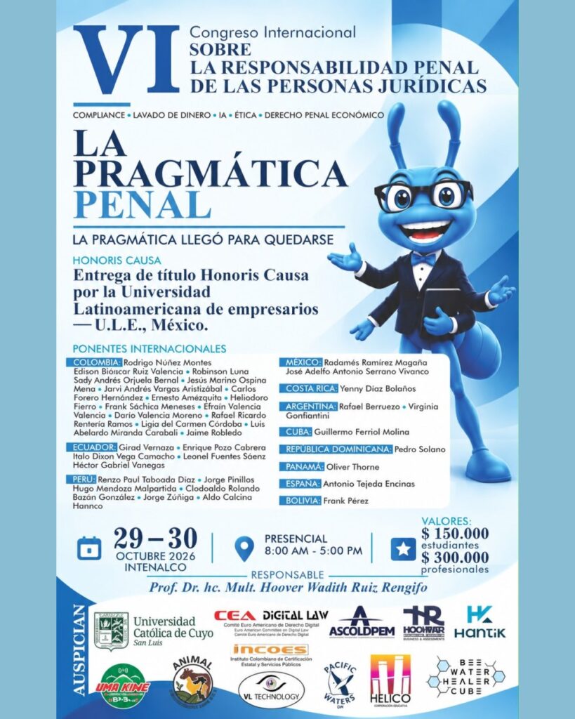 Poster for the 6th International Congress on the Criminal Liability of Legal Persons, “Criminal Pragmatics”, 29–30 October 2026 at INTENALCO